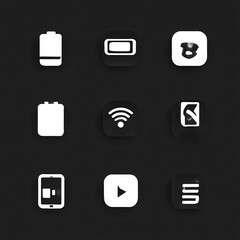 Set of Minimalist White Icons on Black Background for User Interface Design