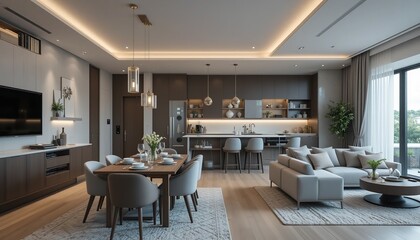 Fototapeta premium Modern home interior design. Living room with dinner table, kitchen furniture, chairs and decorations.