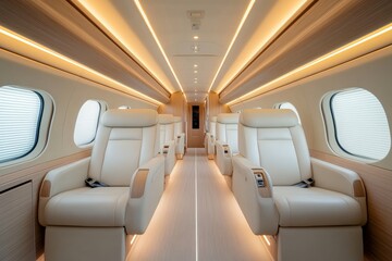 A luxurious first-class cabin on a modern aircraft displays refined seating, soft lighting, and personal space, symbolizing the comfort and sophistication of premium air travel for global passengers