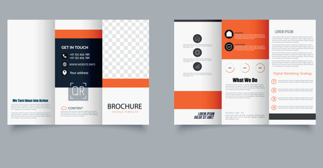 Business trifold brochure in minimalist style. For Marketing agency. Easy to customize and ready for print.