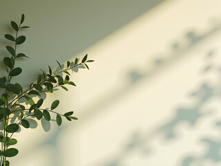 Serene Minimalism, Soft Warm Light Casting Delicate Shadows of Eucalyptus Leaves Against a Clean Wall, Evoking Tranquility and Natural Beauty