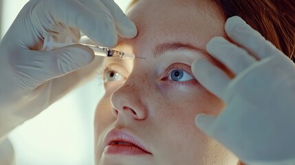 A closeup of a woman's forehead as a gloved professional administers a botulinum toxin injection using a syringe, capturing a sterile clinical setting focused on cosmetic precision and skin care.