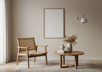 Interior design with chair, table, decoration and blank frame on the wall