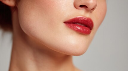 Fototapeta premium Close-up of Woman's Lips with Red Lipstick, Smooth Skin, Beauty and Cosmetics