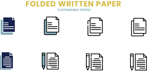 folded written paper icon set, document, customizable stroke, vector, illustration