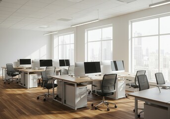 Fototapeta premium Bright office space with desks and monitors in a modern corporate setting