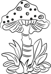 Line art illustration of a whimsical mushroom with spotted cap and stylized foliage