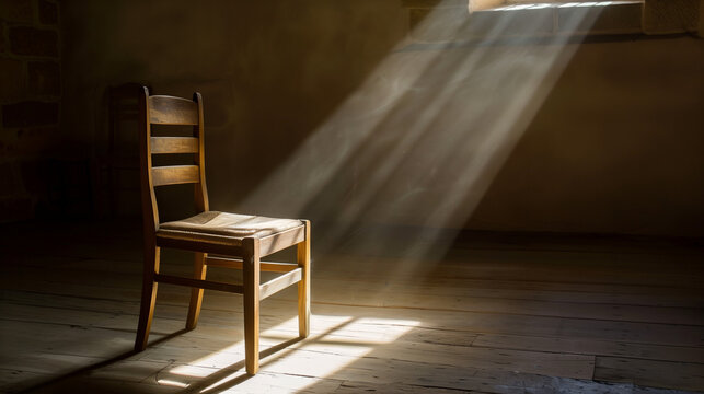 Empty wooden chair in quiet room with sunbeam through window, conveying solitude, nostalgia and melancholy. Minimalist concept of loneliness and waiting for someone.