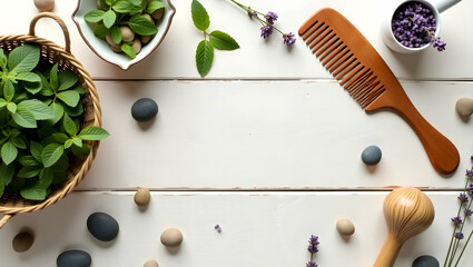 Serene Spa Day, A Flat Lay Arrangement of Natural Haircare Products, Calming Stones, and Fresh Herbs on a Reclaimed Wood Surface for Holistic Wellness