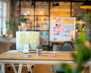 Bright startup office with whiteboard sticky notes