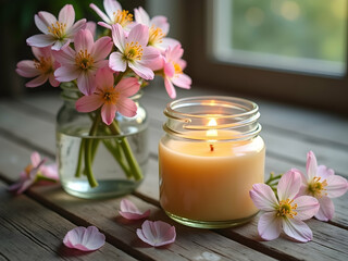 Serene Still Life, A Warm Candle's Glow Complemented by Delicate Pink Flowers in Glass Jars on Rustic Wooden Planks near a Window, Evoking Calm and Peace