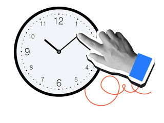 Hand moves clock arrow. Modern collage style. Illustration on transparent background