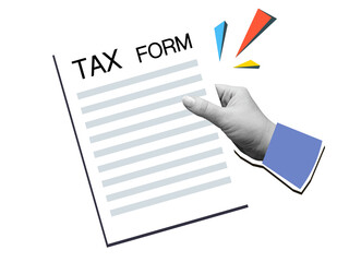 A black and white hand holding a paper tax form. Modern photo collage style. Illustration on transparent background