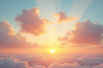 Serene sunset scene with soft puffy clouds illuminated by golden light, creating a peaceful and ethereal atmosphere above a sea of fluffy clouds