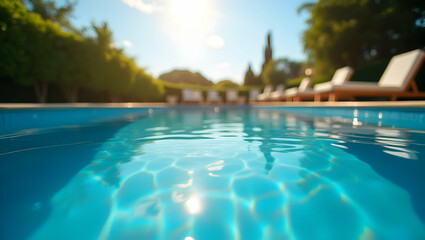 Fototapeta premium Serene swimming pool scene with sunlight reflecting on the water's surface, creating a sense of tranquility and relaxation on a bright and sunny day