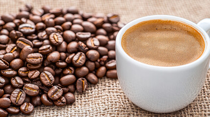 Fototapeta premium Cup of coffee beside roasted coffee beans on burlap background creates warm and inviting atmosphere