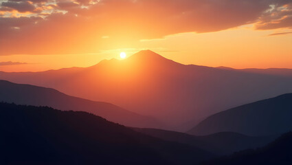 Fototapeta premium Serene warm sunset casting a golden glow over majestic mountain silhouettes, creating a peaceful and breathtaking vista of nature's beauty and tranquility