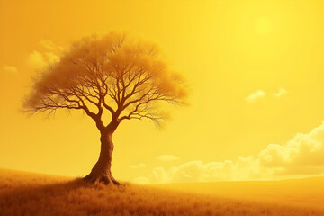 Obraz premium Serene Vista, A Lone Golden Tree Standing Proudly Against a Vast, Warm-Toned Sky, Evoking a Sense of Tranquility and Timeless Natural Beauty in Minimalist Style