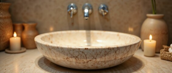 Elegant bathroom sink with marble texture and candlelight