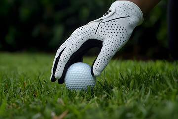 Gloved hand placing golf ball on green grass course, close up sports action, professional golf player ready for swing, outdoor training practice, focus preparation tournament concept