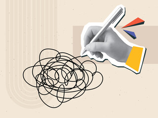Hand draws a scribble. Modern photo collage style. Vector illustration