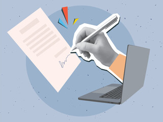 Black and white hand from laptop screen signs on a document. Modern collage style. Vector illustration