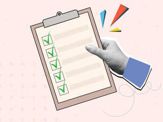 A black and white hand holding a clip note with list with green ticks. Modern photo collage style. Vector illustration