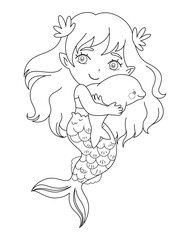 Cute little Mermaid girl hugging Dolphin. Magic mermaid illustration isolated on white background. Sea theme characters. Children's cartoon linear design for coloring pages, for educational children's