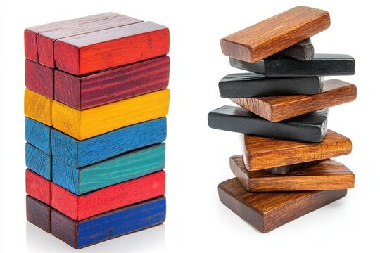 Colorful wooden stacking blocks,  perfectly aligned and leaning tower