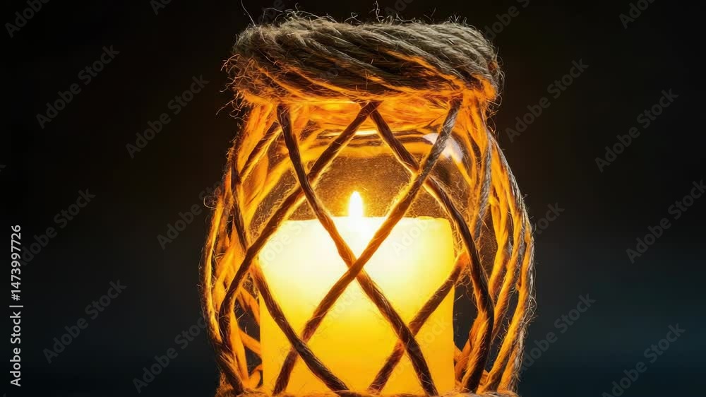 Poster a single lit candle in a glass jar surrounded by a rope, perfect for use as a symbol of warmth and l