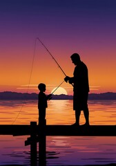 Fototapeta premium Sunset Silhouettes: A Father's Lesson AI Generated