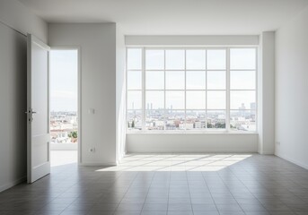 Obraz premium Bright empty room with large window and open door overlooking city