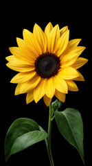 Naklejka premium A vibrant yellow sunflower with a dark brown center stands tall against a stark black background, its petals open to the light, showcasing its natural beauty.
