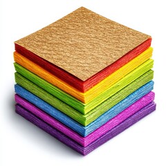 Fototapeta premium Stack of Gold Red Yellow Green Blue and Purple Craft Foam Sheets Glittering on White