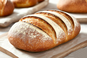 Freshly baked loaf of bread showcasing golden crust and soft interior in a cozy kitchen setting