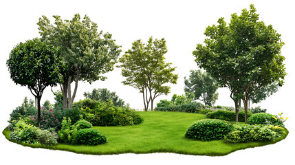 Lush garden island with trees bushes and green grass on transparent background