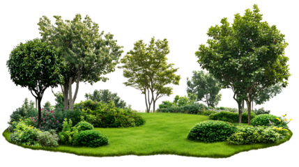 Lush garden island with trees bushes and green grass on transparent background