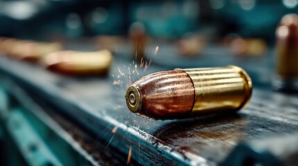 Close-Up of Ammunition Manufacturing Process Showing Brass Bullet Assembly on Industrial Production Line in a Factory Setting with High-Precision Machinery and Metallic Components