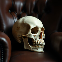 Obraz premium A human skull sits in a leather chair, a macabre still life.