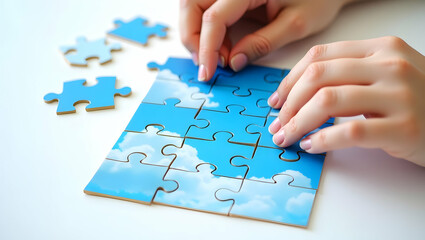 Solving a puzzle, Close-up of hands arranging pieces with a beautiful sky cloud, symbolizing problem-solving, creativity, and the satisfaction of completion