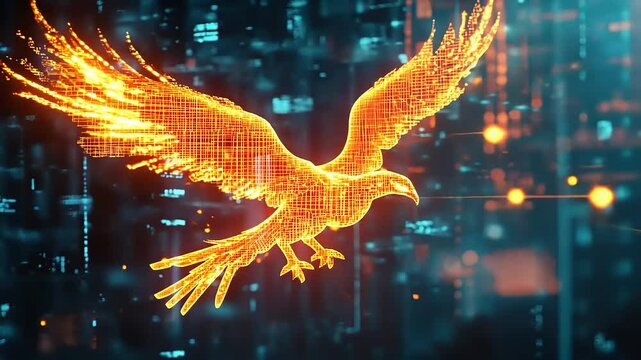 A digital representation of a soaring eagle against a futuristic tech backdrop with glowing data