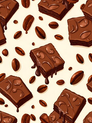 Seamless chocolate dessert pattern with rich brownies, chocolate bars, cocoa beans, and dripping melted chocolate textures