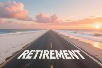 Road to retirement leading towards a sunset beach symbolizing financial freedom and leisure time