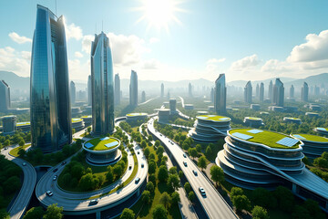 Spectacular aerial perspective of a futuristic metropolis with sleek skyscrapers, verdant rooftops, and elevated roadways conveying innovation and sustainable urban planning