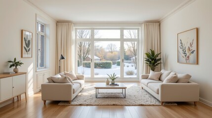 Bright and Airy Modern Living Room with Large Windows and Stylish Decor