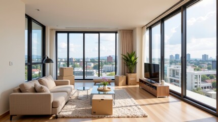 Modern Living Room with Large Windows, Cozy Sofa, and City View During Daytime in Contemporary Apartment