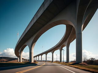 Spectacular Concrete Arch Bridge and Asphalt Road Against the Sky, A Modern Architectural Marvel Showcasing Engineering and Design, with a Serene Backdrop