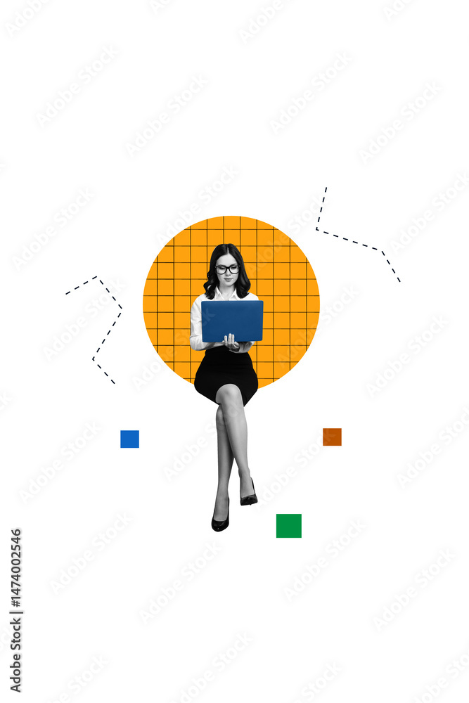Poster picture vertical collage of successful working lady entrepreneur sitting writing texting sms wireles