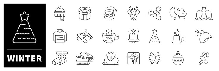 Winter icons collection. Winter vector elements. Snowflake, snow, ski, Christmas, season, New Year, holidays, winter related thin line icons. Editable stroke
