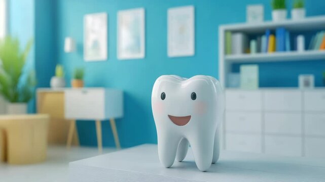 Cute smiling tooth cartoon character,symbolizing dental health,children's dentistry, perfect pediatric dental clinics, promotional materials,educational content tooth care.